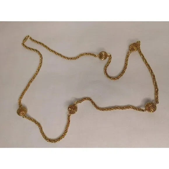 Gold Tone Rope Necklace Twisted Chain with Gold Tone Ball Spheres - Picture 8 of 10